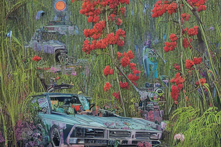 Prompt: super - detailed scene twilight junkyard, louisiana swamps, indigo blooming flowers garden, 8 k, 8 0 s japanese sci - fi books art, artwork by jean giraud