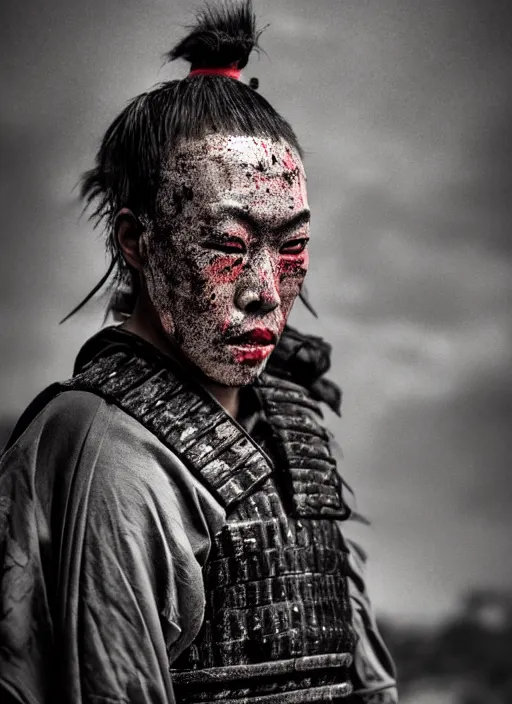 Image similar to samurai portrait photo, wearing all black mempo mask, after a battle, war scene, dirt and unclean, extreme detail, cinematic, dramatic lighting render, extreme photorealism photo by national geographic, hendrick kerstens, masterpiece