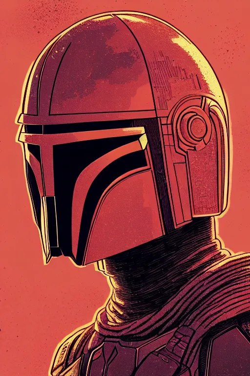 Image similar to closeup potrait of the mandalorian, intricate, volumetric lighting, moebius, geof darrow, frank miller, dan mumford, detailed illustration, digital art, victo ngai, kilian eng, vector art