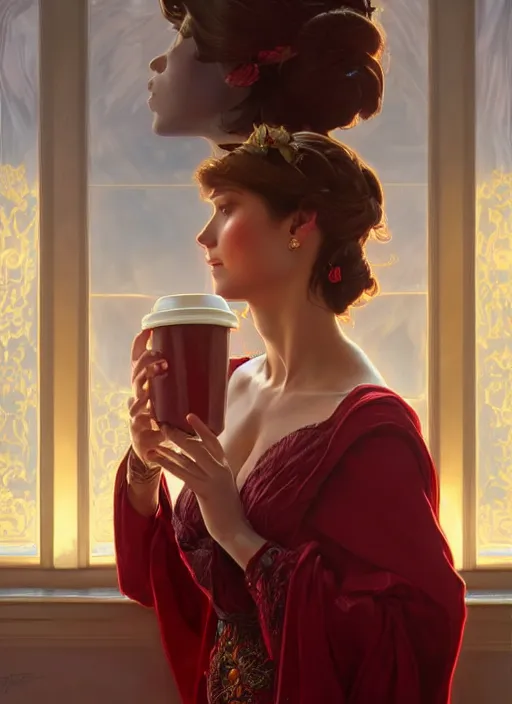Prompt: perfectly - centered - portrait of a beautiful lady drinking red cup coffee, intricate, highly detailed, digital painting, artstation, concept art, smooth, sharp focus, illustration, unreal engine 5, 8 k, art by artgerm and greg rutkowski and alphonse mucha