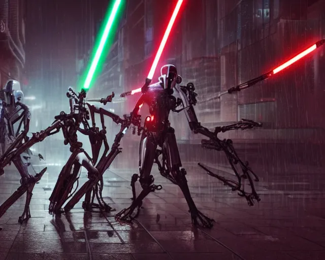 Image similar to photo of the iconic scene where general grievous with 4 arms holding 4 activated lightsabers in the rain. cyberpunk horror style. highly detailed 8 k. intricate. nikon d 8 5 0 5 5 mm. award winning photography.