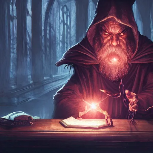 Image similar to a beautiful panting of a dark wizard casting a spell, alchemist lab, hyperrealistic, cinematic atmosphere, epic, artstation, moebius