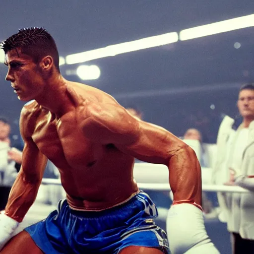 Image similar to movie still of cristiano ronaldo as ivan drago in rocky 4, training montage, cinematic, uhd, 8k,