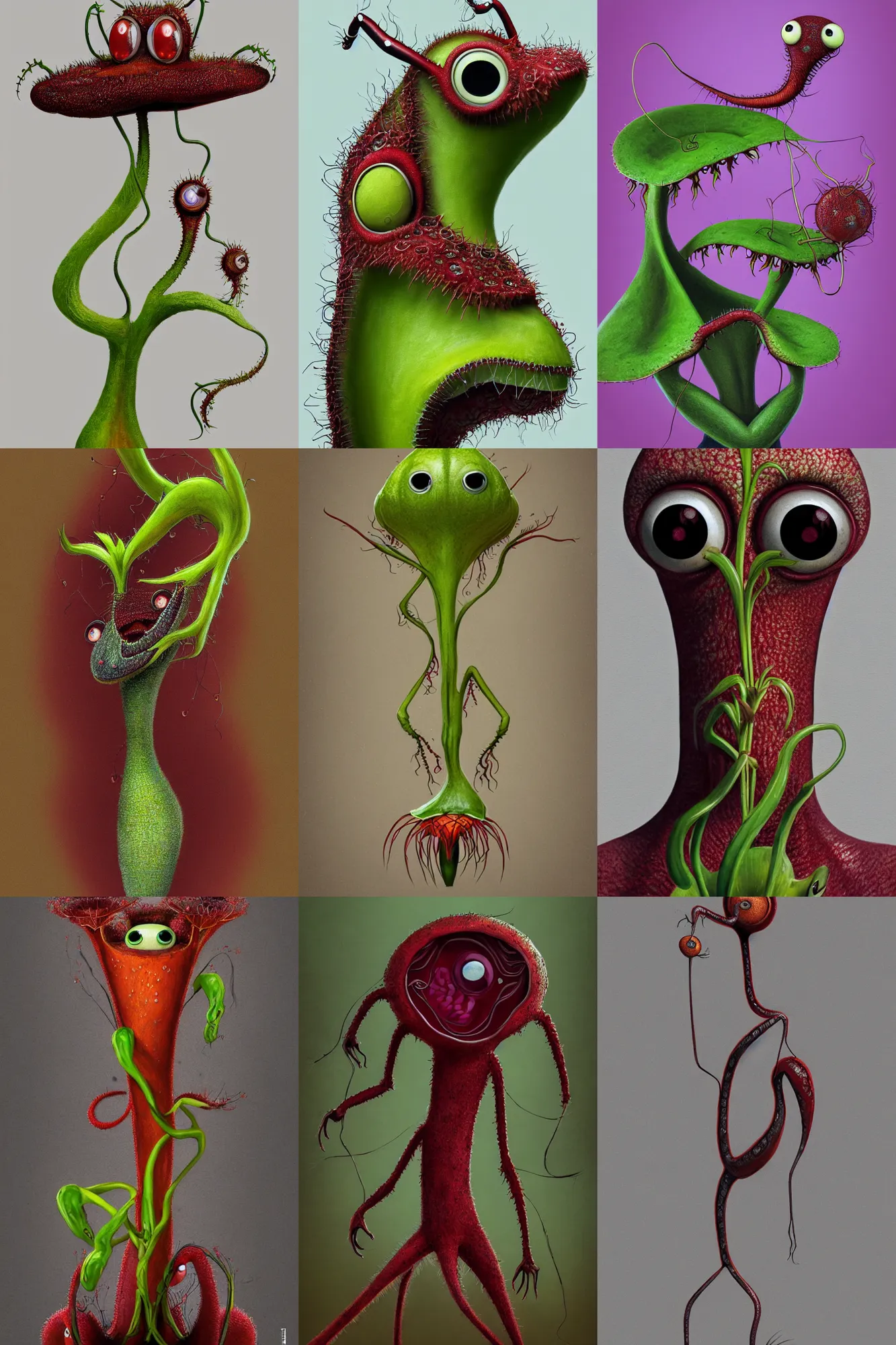 Prompt: portrait of a anthropomorphic mutant carnivorous plant, character design by Disney and Pixar, composition by Henri Cartier Bresson, minimal, Drosera capensis, dystopian, big eyes with eyelashes, snap traps of Dionaea muscipula, extremely detailed, digital painting, sculpted in zbrush, artstation, concept art, sharp focus, illustration, chiaroscuro lighting, golden ratio, rule of thirds, fibonacci