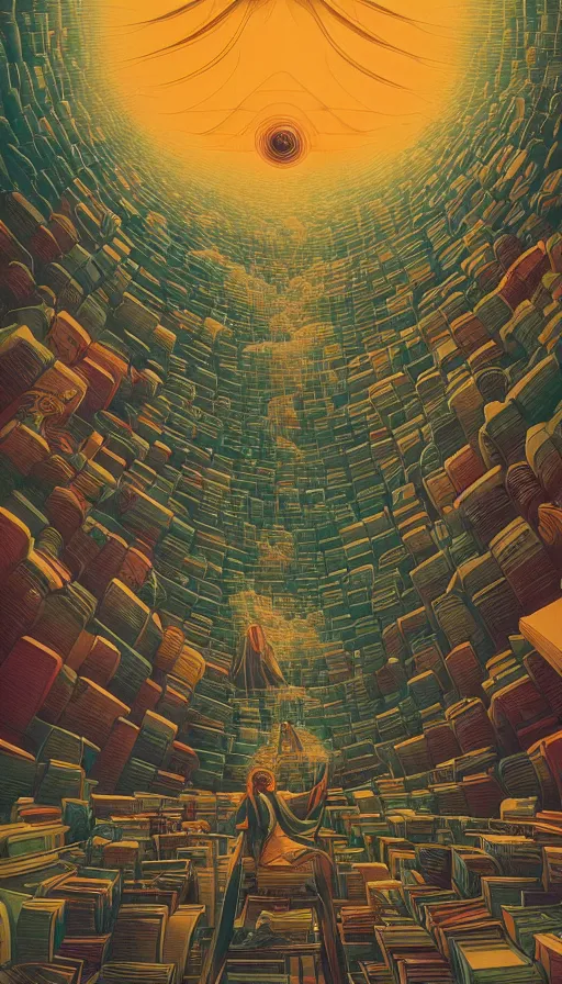 Prompt: The oracle of bibliophiles on cosmic cloudscape, italian futurism, Dan Mumford, da vinci, Victo Ngai, Kilian Eng, Josan Gonzalez