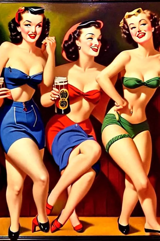 Image similar to 1940s group of pinup bikini girls drinking beer in a 1940s Aussie pub, oil painting, by Gil Elvgren
