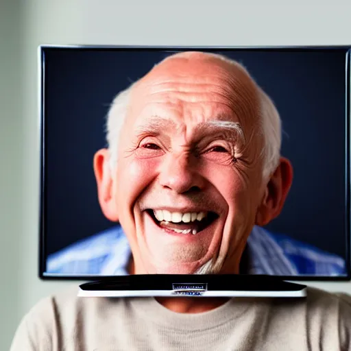 Image similar to a smiling old man on a tv screen