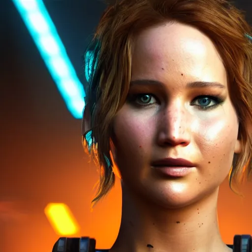 Image similar to jennifer lawrence portrait, cyberpunk 2 0 7 7, cyberpunk judy alvarez, photorealistic, ultra detailed, neon, octane, bokeh, cinematic lighting, cyber, cyberpunk city, studio quality, feature, scars, cyberface, 8 k