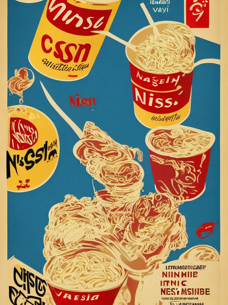 Image similar to vintage italian graphic design poster, nissin cup noodles, stylish, colorful, visual communications