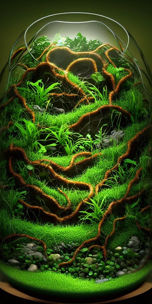 Prompt: graphic of enchanted terrarium, vines wrap around the terrarium, a rivers flows inside the terraium, unreal engine 5, blender, depth of field, ultra realistic, cinematic, macro, artstation, megascan, intricate, epic, Quixel, weta digital, focus, octane render, v-ray, digital art, highly detailed illustration, golden ratio, artwork by yaoy kusama, art by mark brooks, rule of thirds
