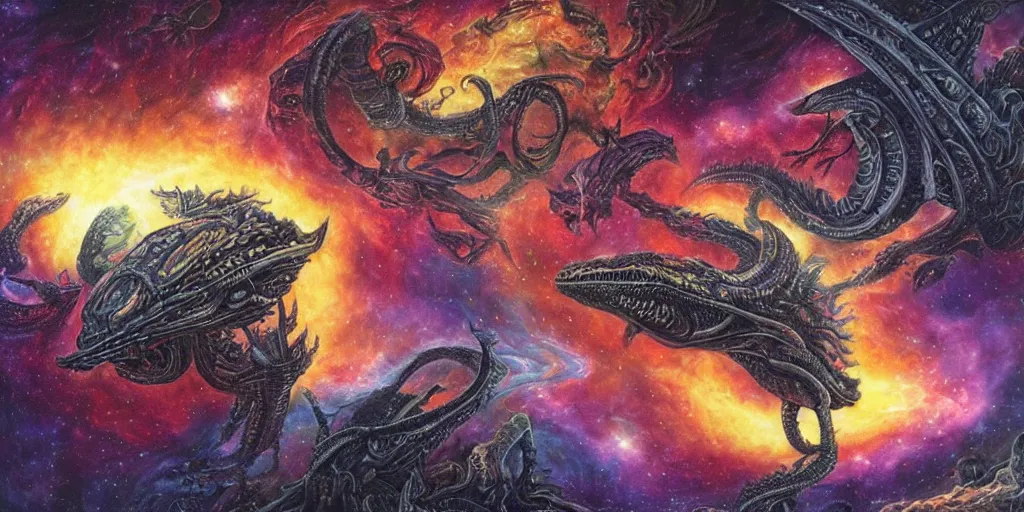 Image similar to alien dragons flying through outer space, epic nebula, asteroid belt, gothic castle, dan seagrave art