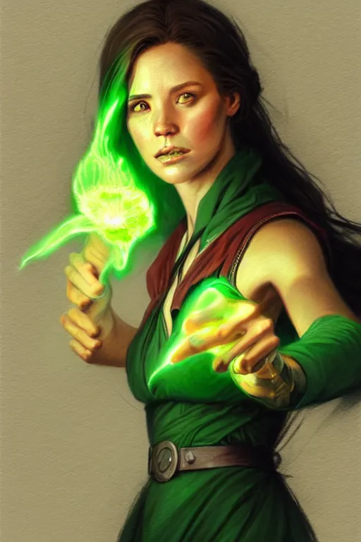 Image similar to a female wizard casting a green fireball | | pencil sketch, realistic shaded, fine details, realistic shaded lighting poster by greg rutkowski, magali villeneuve, artgerm, jeremy lipkin and michael garmash and rob rey