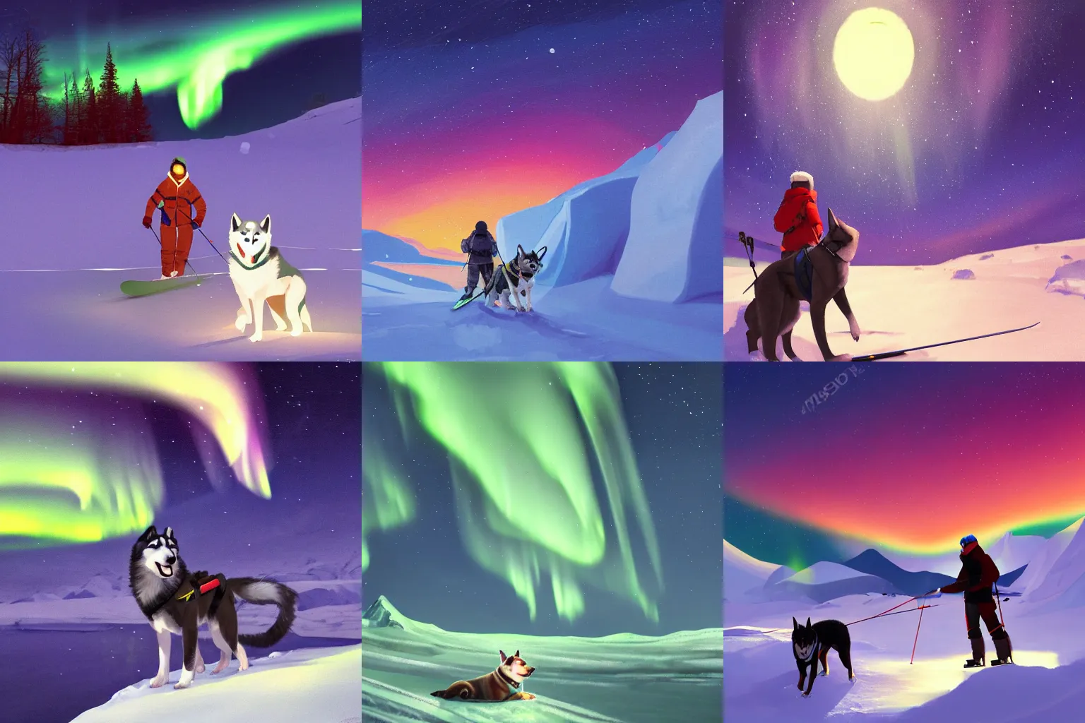 Prompt: painting of an adventurer exploring the arctic on skis with a husky, illuminated by the beautiful northern lights in the night sky above them, by makoto shinkai, tranquil, trending on artstation, kimi no na wa