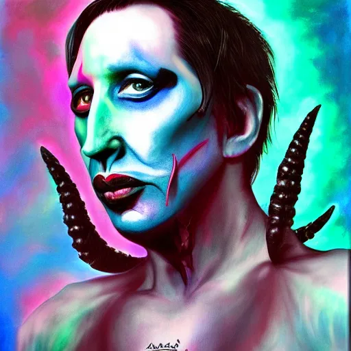 Prompt: an extremely psychedelic portrait of marilyn manson as baphomet, surreal, lsd, face, detailed, intricate, elegant, lithe, highly detailed, digital painting, artstation, concept art, smooth, sharp focus, illustration,