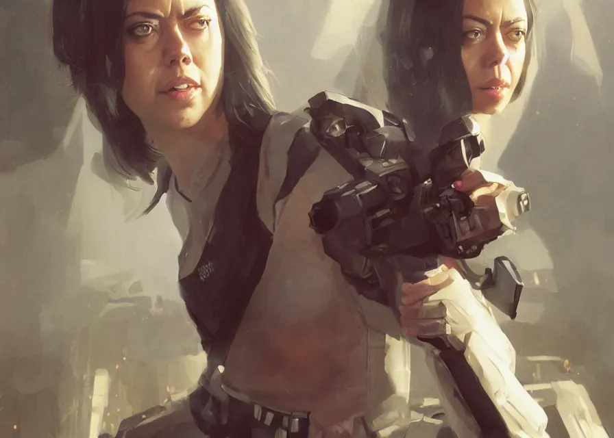 Prompt: painting portrait of Aubrey Plaza dressed as in Star Wars, sharp focus, waist up, trending on ArtStation, masterpiece, by Greg Rutkowski, by Ross Tran, by Fenghua Zhong, octane, clear eyes, soft render, clear facial features, oil on canvas, moody lighting, cinematic, professional environment concept art