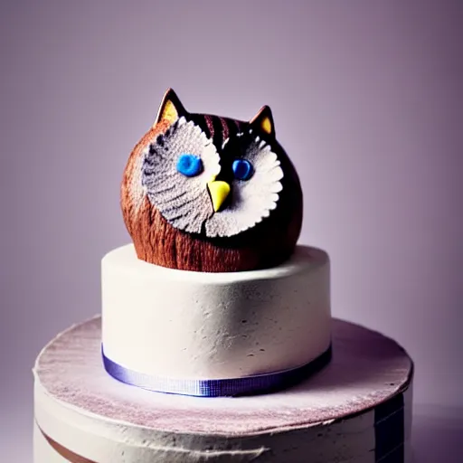 Prompt: photo of a cake, cat decoration, owl decoration, studio lighting, sharp focus