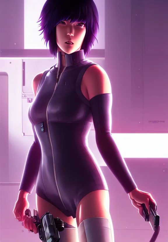 Image similar to a fullbody portrait of motoko kusanagi the major ghost in the shell : : connected to cables, under repairs, maintenance area, technicians : : by ilya kuvshinov, rossdraws, artgerm, sola digital arts, anti aliasing, raytracing : :