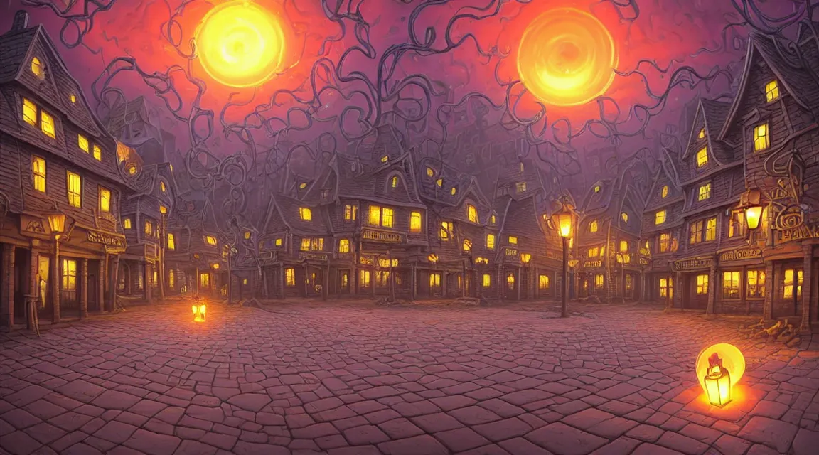 Image similar to empty lovecraftian town square surrounded by houses and inns. cthulhu statue. lovecraftian city at sunset by cyril rolando and naomi okubo and dan mumford and ricardo bofill. lovecraft. cobbled streets. oil lamp posts. lovecraftian. sunset swirly sky.