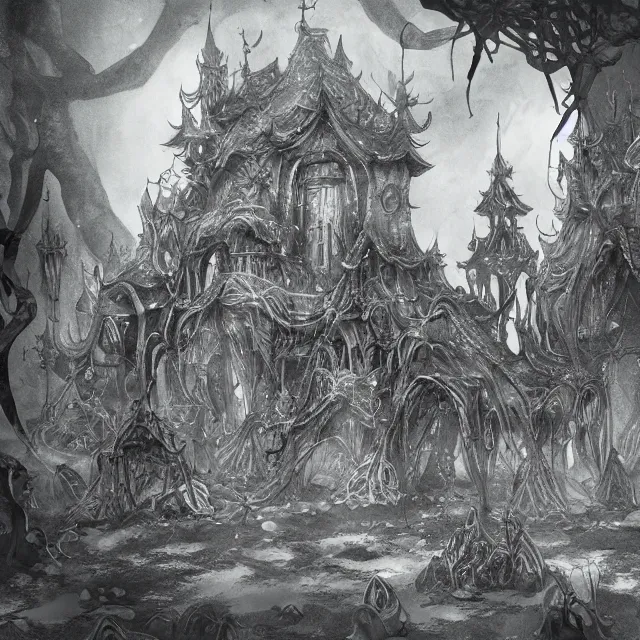 Prompt: the slimy squid palace at the blossom coast beautifully showcases elven architecture. ink wash by the award - winning concept artist