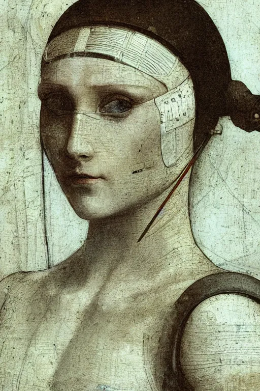 Image similar to a close - up portrait of a cyberpunk cyborg girl, by leonardo davinci, rule of thirds