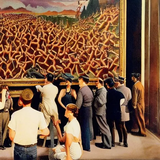 Prompt: A group of people staring in awe as the greatest painting to ever be produced is unveiled, cinematic, suspenseful, 1930s