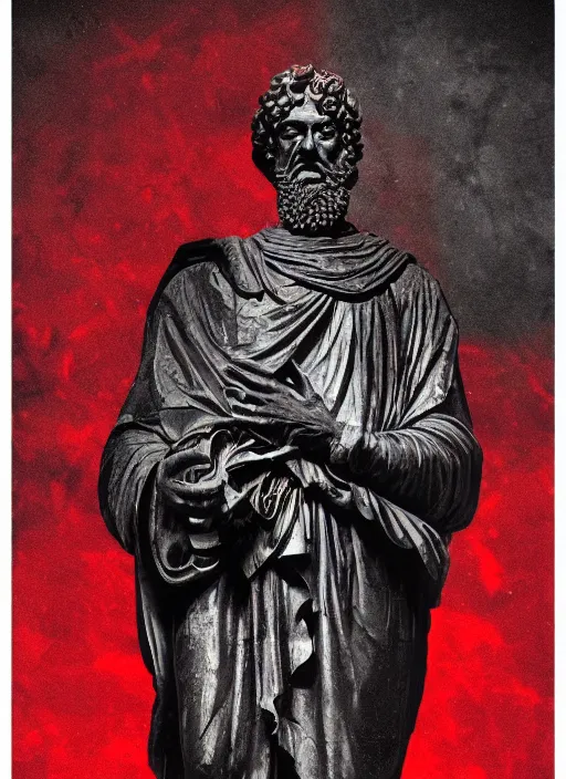 Prompt: dark design poster showing a statue of marcus aurelius, black background with very subtle red and purple design elements, powerful, nekro, vito acconci, thin straight lines, dark, glitch art, neo vaporwave, gritty, layout frame, square, trending on artstation