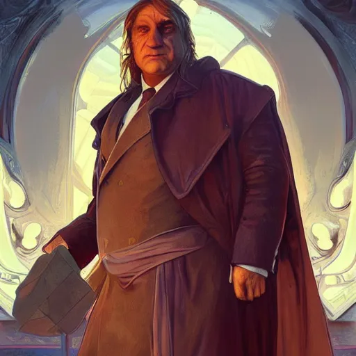 Image similar to [robot Depardieu as president of France! as GTA character, mystic hermit, closeup, D&D, intricate, elegant, highly detailed, digital painting, artstation, concept art, matte, sharp focus, illustration, art by Artgerm and Greg Rutkowski and Alphonse Mucha]