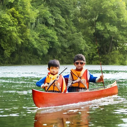 Image similar to Asian boy fishing with his father in canoe