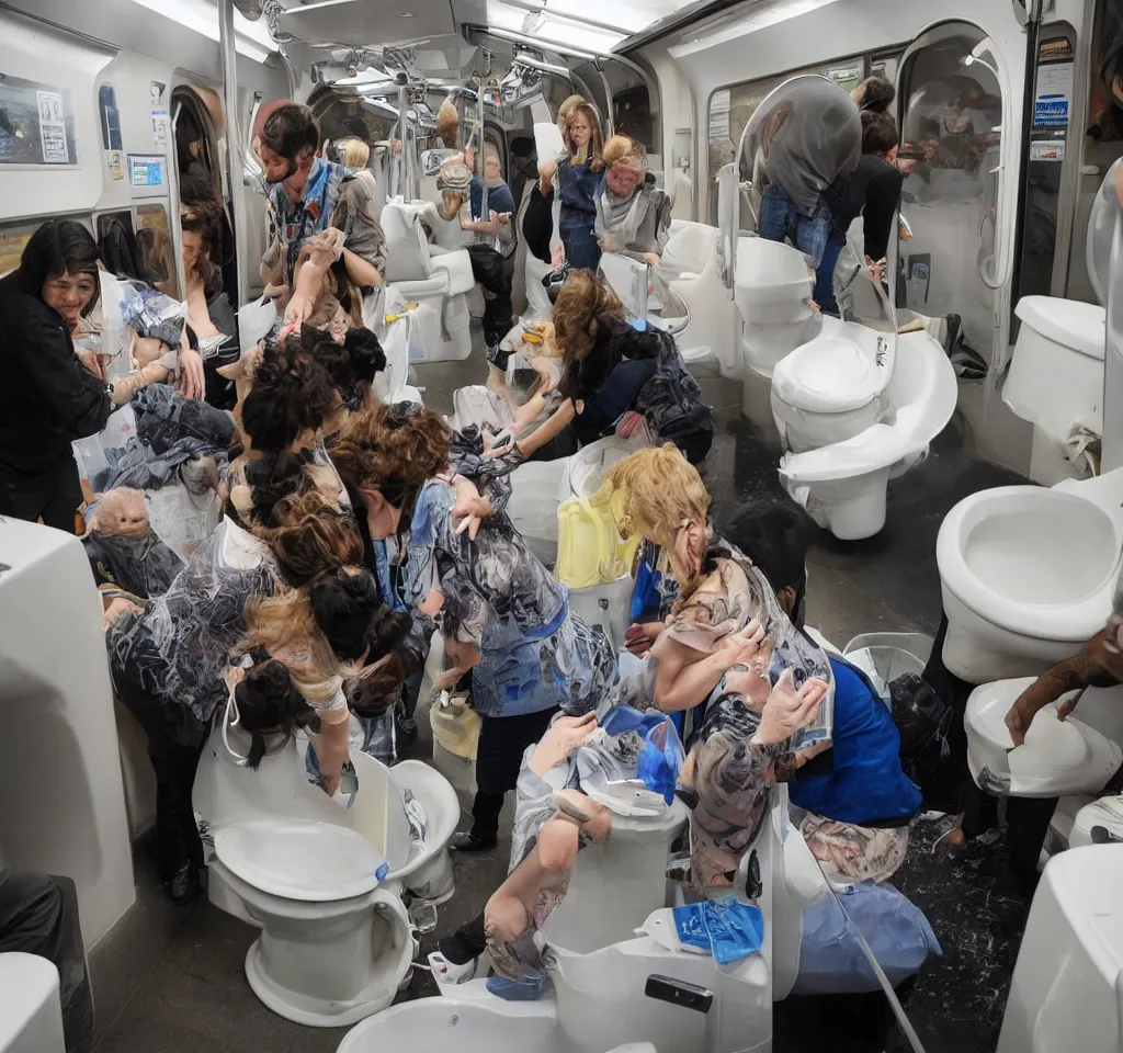 Image similar to people were flushing their cats down the toilet. this was for a charity, unspecified but highly regarded. people were on the train, looking at artefacts from outer space, listening to talk show djs discussing how to route your cat to the most profitable endpoint in the sewage system