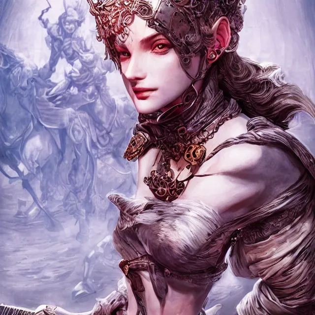 Prompt: the portrait of neutral evil fallen female knight vagabond as absurdly beautiful, conniving, elegant, sophisticated, woman, an ultrafine hyperdetailed illustration by kim jung gi, irakli nadar, intricate linework, bright colors, octopath traveler, final fantasy, unreal engine 5 highly rendered, global illumination, radiant light, detailed and intricate environment