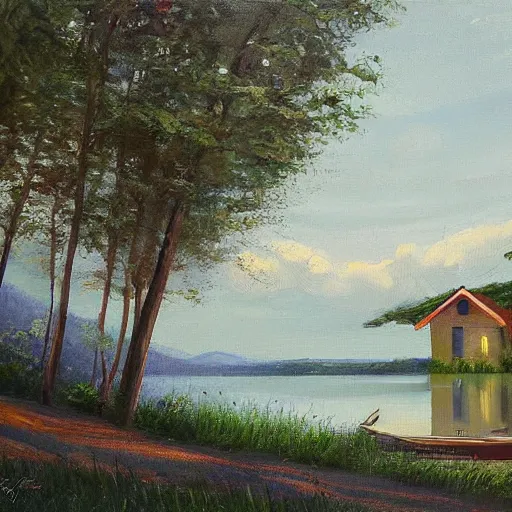 Image similar to a house by the lake painted by igor kieryluk