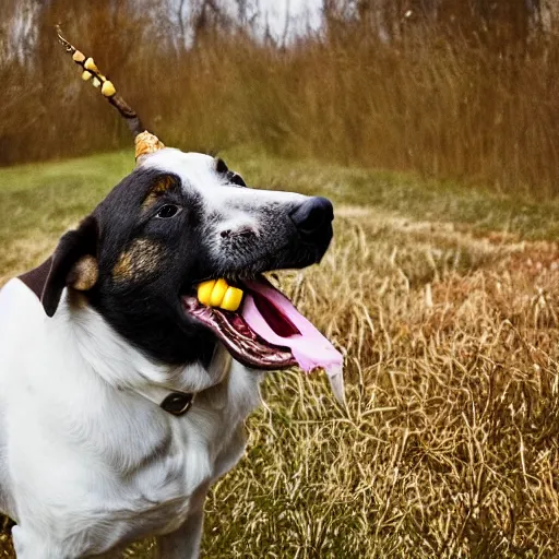 Image similar to a dog with a corn cob pipe in its mouth, award winning nature photography