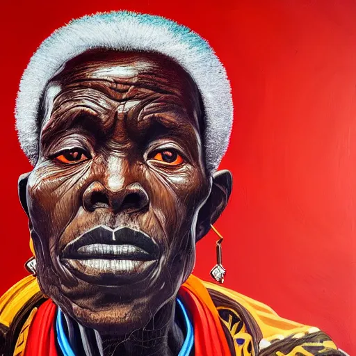 Image similar to a painting of a wise elder from Kenya in a suit by Kehinde Wiley . dramatic angle, ethereal lights, details, smooth, sharp focus, illustration, realistic, cinematic, artstation, award winning, rgb , unreal engine, octane render, cinematic light, macro, depth of field, blur, red light and clouds from the back, highly detailed epic cinematic concept art CG render made in Maya, Blender and Photoshop, octane render, excellent composition, dynamic dramatic cinematic lighting, aesthetic, very inspirational, arthouse.