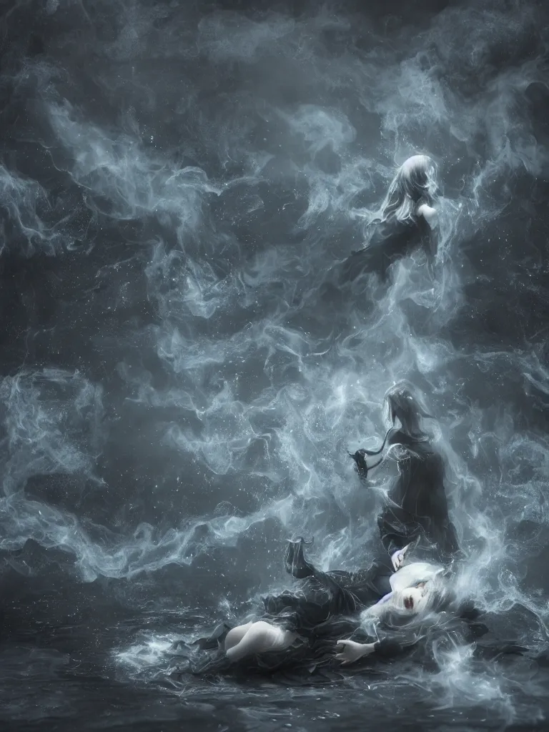 Prompt: cute fumo plush of a cursed frail witch girl sinking deep into an inky black reflective pond of blackness swirling with strange energetic fluid, melting volumetric smoke and fog, environment map pbr reflective water, goth, vignette, vray