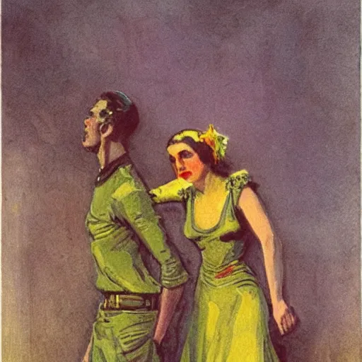 Image similar to dayglo yellow, fantastic planet loose, blocks by alfred augustus glendening. this illustration was painted in 1 9 3 7 during the guerra civil espanola. the woman in the illustration is weeping. she is wearing a black dress & a black veil. her face is distorted by grief. the illustration is dark & somber.