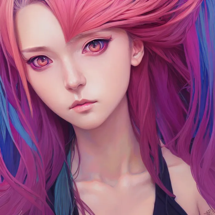 Image similar to portrait of beautiful symmetrical anime girl, rainbow hair, attractive, casual, modern, victoria's secret, highly detailed, digital painting, artstation, concept art, smooth, sharp focus, illustration, art by moebius, artgerm, greg rutkowski and alphonse mucha, 8 k,