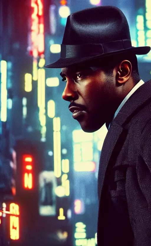 Prompt: hyper - realistic, a handsome black male detective holding a blaster, wearing a fedora, a suit and trench coat, blade runner city, neo - noir aesthetic, cinematic composition, cinematic colors, 3 5 mm film, roger deakins style, realistic film, no signature, 8 k