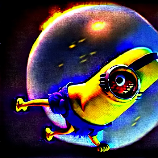 Image similar to minion in space, outside of a rocket, chasing a banana, hyperrealistic render, highly detailed, 4k, artstation