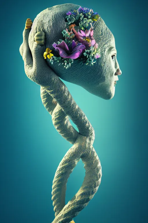 Image similar to a sculpture of fish ocean intertwined, diode lighting, a lovely cornucopia of flowers and human body parts, body parts, independent heart shaped, highly detailed, octane render, cinematic, shock, sharp focus, ball, an independent psycho, clean, studio lighting