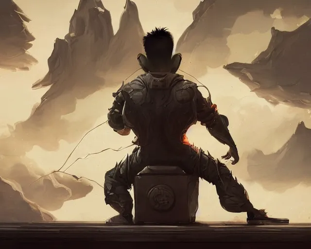 Image similar to an insanely detailed painting of an asian man wearing a homemade superhero costume, sitting at a desk, staring at the nervously at the computer and typing, in the style of peter mohrbacher, dramatic lighting and composition, surreal background, octane render, pixar, trending on artstation, concept art, comic book, view from behind