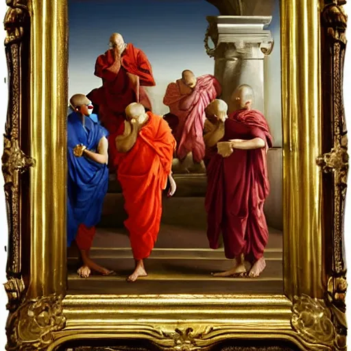 Image similar to hindu monks on greek senete baroque painting, lionardo davinchi