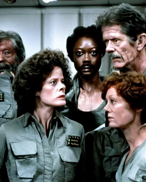 Prompt: a film still from alien ( 1 9 7 9 ) starring sigourney weaver, tom skerrit, ian holm, john hurt, yaphet koto, veronica cartwright,