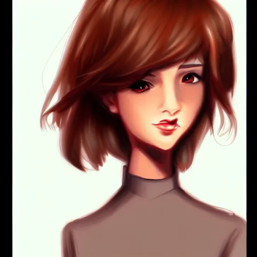 Image similar to animation character design girl, handrawn dynamic pose, french bob hair, short hair, brown eyes, realistic, 4 k!!!, art station