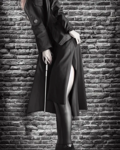 Prompt: A detailed matte painting of a redhaired woman in a black trenchcoat smoking a cigarette leaning against a brick wall in a dark alley at night. trending on deviantart, film noire, seductive, realistic proportions.