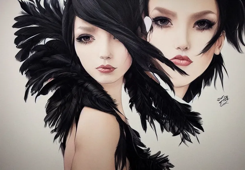 Image similar to beautiful girl with a short black haircut wearing a dress made of black feathers, artwork in artgerm art style, anatomically perfect