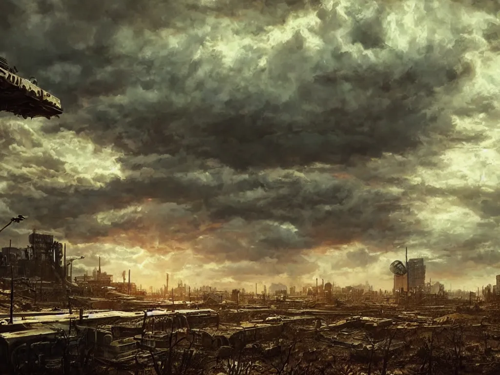 Image similar to a post apocalyptic a large city landscape after a nuclear war, overcast sky, beautiful painting, fallout 4 concept art, painted by albert bierstadt