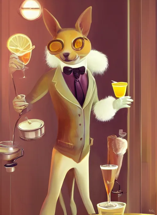 Image similar to squirrel anthro as a dapper bartender with a big, fluffy tail, retro futurism, art deco, detailed painterly digital art by WLOP and Cory Loftis, 🍸🍋, furaffinity, trending on artstation