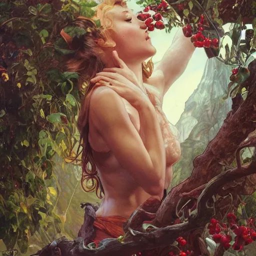 Image similar to eve eating fruit from the tree of knowedge of good and evil in the gardnen of eden, highly detailed, digital painting, artstation, concept art, smooth, sharp focus, illustration, artstation, art by artgerm, greg rutkowski, alphonse mucha, ilya repin and charlie bowater