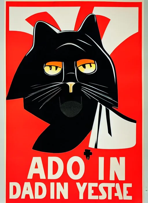 Image similar to a propaganda poster depicting a cat looking like darth vader