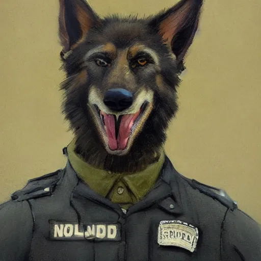 Prompt: new york city portrait of furry anthro anthropomorphic german shepard head animal person fursona wearing clothes nypd traditional police uniform in the alley, sunny day, digital art by Nerdrum John, William Waterhouse, Winslow Homer, Alex Heywood, Jordan Grimmer, Darren Quach, Greg Rutkowski, Simon Stalenhag, trending on Artstation, CGSociety